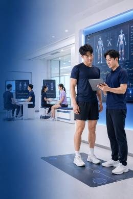 트레이너가 태블릿으로 이용자와 측정 기록을 함께 보는 장면